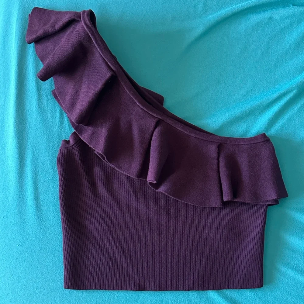 Express Body Contour Plum Ribbed Set of Crop One Shoulder Top and Ruffle Skirt